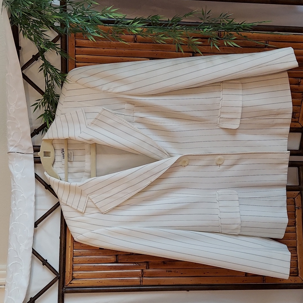 Cream blazer with navy blue stripes